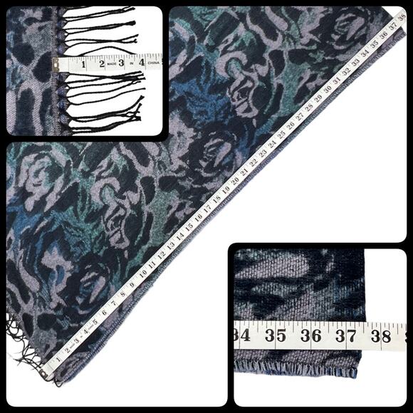 Steve Madden Blue Multi Floral Scarf Raw Edge Tassel L75" X W21"  Fringe 4" - Picture 11 of 12